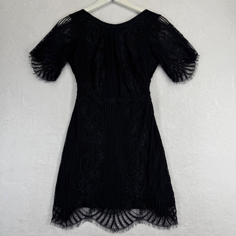 For Love & Lemons Black Lace Mini Dress Short Sleeve Scalloped Eyelash Trim XS